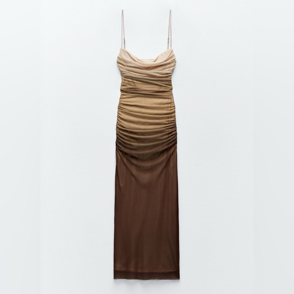 Zara Brown Ruched tulle midi dress NWT